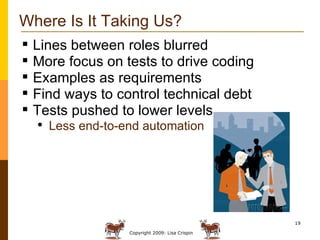 Where Is It Taking Us? Lines between roles blurred More focus on tests to drive coding Examples as requirements Find ways to control technical debt Tests pushed to lower levels Less end-to-end automation  