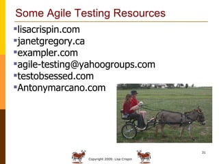 Some Agile Testing Resources lisacrispin.com janetgregory.ca exampler.com [email_address] testobsessed.com A ntonymarcano.com 
