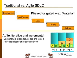 Traditional vs. Agile SDLC Phased or gated –  ex. Waterfall It 1 It 2 It 3 A B A B A B C C D Time Agile : iterative and incremental - Each story is expanded, coded and tested - Possible release after each iteration Requirements Specifications Code Testing Release Copyright 2009 Lisa Crispin and Janet Gregory 