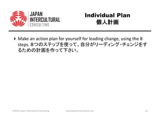 Individual Plan
個人個人個人個人計画計画計画計画
Make an action plan for yourself for leading change, using the 8
steps. ８つのステップを使って、自分がリーディング・チェンジをす
るための計画を作って下さい。
©2018 Japan Intercultural Consulting www.japanintercultural.com 16
 