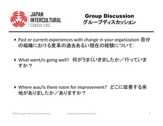 Group Discussion
グループディスカッショングループディスカッショングループディスカッショングループディスカッション
Past or current experiences with change in your organization 自分
の組織における変革の過去あるい現在の経験について：
What went/is going well? 何がうまくいきましたか／行っていま
すか？
Where was/is there room for improvement? どこに改善する余
地がありましたか／ありますか？
©2018 Japan Intercultural Consulting www.japanintercultural.com 4
 
