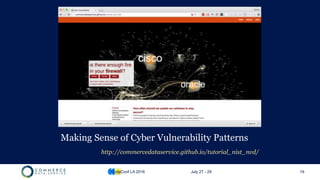 Making Sense of Cyber Vulnerability Patterns
http://commercedataservice.github.io/tutorial_nist_nvd/
CodeConf LA 2016 July 27 - 29 19
 