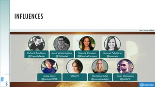 @lisihocke
INFLUENCES
http://fav.me/d88mtuj
Richard Bradshaw
@FriendlyTester
Mark Winteringham
@2bittester
Blanché Carstens
@BlancheCarstens
Maaret Pyhäjärvi
@maaretp
Angie Jones
@techgirl1908
Olha Fil Marianne Duijst
@marianneduijst
Toyer Mamoojee
@tottiLFC
 