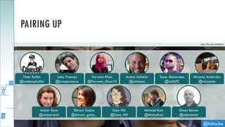 @lisihocke
PAIRING UP
http://fav.me/d5k0m5a
Peter Kofler
@codecopkofler
João Proença
@jrosaproenca
Parveen Khan
@Parveen_Khan10
Amitai Schleier
@schmonz
Toyer Mamoojee
@tottiLFC
Mirjana Andovska
@mirjando
Amber Race
@ambertests
Shivani Gaba
@shivani_gaba_
Gem Hill
@Gem_Hill
Michael Kutz
@MichaKutz
Simon Berner
@alientester
 