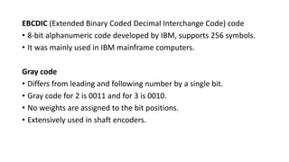 EBCDIC (Extended Binary Coded Decimal Interchange Code) code
• 8-bit alphanumeric code developed by IBM, supports 256 symbols.
• It was mainly used in IBM mainframe computers.
Gray code
• Differs from leading and following number by a single bit.
• Gray code for 2 is 0011 and for 3 is 0010.
• No weights are assigned to the bit positions.
• Extensively used in shaft encoders.
 