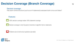 © 2017 Return On Intelligence, Inc. All Rights Reserved
19Decision Coverage (Branch Coverage)
Decision coverage:
Has each control structure (such as an if statement) evaluated both to true and false?
Features:
100% decision coverage implies 100% statement coverage
Decision coverage is more focused on branches in algorithm that on statements
Problems due to short-circuit operators (see later)
 
