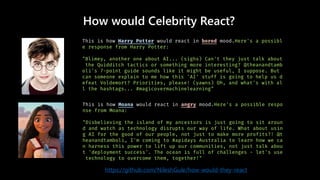 How would Celebrity React?
https://github.com/NileshGule/how-would-they-react
 