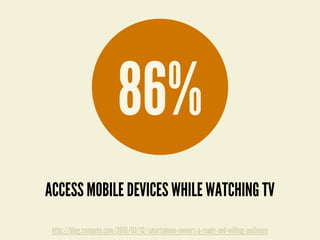 http://blog.compete.com/2010/03/12/smartphone-owners-a-ready-and-willing-audience
86%
ACCESS MOBILE DEVICES WHILE WATCHING TV
 