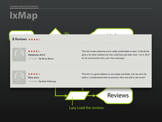 PLANNING ADAPTIVE INTERFACES
IxMap
Click
JS?
No
LinksLoad
Yes
Yes
Reviews
Lazy Load the reviews
Verify browser
width condition
LIVE
No
Hold for user action
 