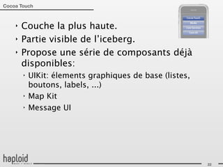 Cocoa Touch



    ‣   Couche la plus haute.
    ‣   Partie visible de l’iceberg.
    ‣   Propose une série de composants déjà
        disponibles:
        ‣   UIKit: élements graphiques de base (listes,
            boutons, labels, ...)
        ‣   Map Kit
        ‣   Message UI




                                                          22
 