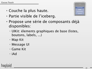 Cocoa Touch



    ‣   Couche la plus haute.
    ‣   Partie visible de l’iceberg.
    ‣   Propose une série de composants déjà
        disponibles:
        ‣   UIKit: élements graphiques de base (listes,
            boutons, labels, ...)
        ‣   Map Kit
        ‣   Message UI
        ‣   Game Kit
        ‣   iAd



                                                          22
 