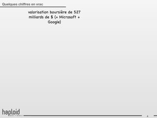 Quelques chiffres en vrac

               valorisation boursière de 527
               milliards de $ (= Microsoft +
                           Google)




                                               4
 