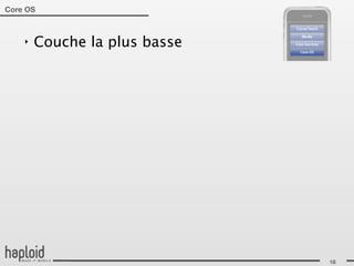 Core OS



    ‣   Couche la plus basse




                               18
 