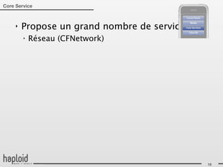 Core Service



     ‣   Propose un grand nombre de services:
         ‣   Réseau (CFNetwork)




                                                19
 