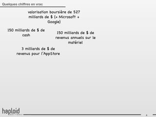 Quelques chiffres en vrac

               valorisation boursière de 527
               milliards de $ (= Microsoft +
                           Google)

   150 milliards de $ de
                               150 milliards de $ de
            cash
                              revenus annuels sur le
                                     matériel
           3 milliards de $ de
        revenus pour l’AppStore




                                                       4
 