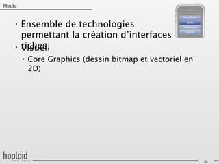 Media


    ‣   Ensemble de technologies
        permettant la création d’interfaces
    ‣   riches:
        Visuel:
        ‣   Core Graphics (dessin bitmap et vectoriel en
            2D)




                                                           20
 