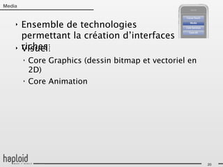 Media


    ‣   Ensemble de technologies
        permettant la création d’interfaces
    ‣   riches:
        Visuel:
        ‣   Core Graphics (dessin bitmap et vectoriel en
            2D)
        ‣   Core Animation




                                                           20
 