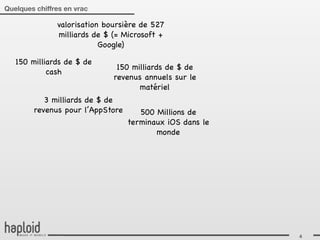 Quelques chiffres en vrac

               valorisation boursière de 527
               milliards de $ (= Microsoft +
                           Google)

   150 milliards de $ de
                               150 milliards de $ de
            cash
                              revenus annuels sur le
                                     matériel
           3 milliards de $ de
        revenus pour l’AppStore      500 Millions de
                                  terminaux iOS dans le
                                         monde




                                                          4
 