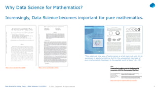 4
© 2021 Capgemini. All rights reserved.
Data Science for Coding Theory | Eldar Sultanow | 4/12/2021
Why Data Science for Mathematics?
Increasingly, Data Science becomes important for pure mathematics.
https://arxiv.org/abs/1911.02008 https://arxiv.org/abs/1912.01412
“This relatively new area of data science is a hot topic not only for its
successes in applied problems, but for the unexpected marriage of
pure mathematics (topology) to the applied world of data.” [p. 10]
https://doi.org/10.1038/s41586-021-03229-4
 