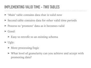 IMPLEMENTING VALID TIME - TWO TABLES
➤ ‘Main’ table contains data that is valid now
➤ Second table contains data for other valid time periods
➤ Process to ‘promote’ data as it becomes valid
➤ Good:
➤ Easy to retroﬁt to an existing schema
➤ Ugly:
➤ More processing/logic
➤ What level of granularity can you achieve and accept with
promoting data?
 