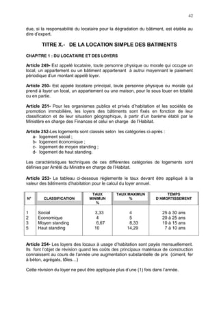 42
due, si la responsabilité du locataire pour la dégradation du bâtiment, est établie au
dire d’expert.
TITRE X.- DE LA LOCATION SIMPLE DES BATIMENTS
CHAPITRE 1 : DU LOCATAIRE ET DES LOYERS
Article 249- Est appelé locataire, toute personne physique ou morale qui occupe un
local, un appartement ou un bâtiment appartenant à autrui moyennant le paiement
périodique d’un montant appelé loyer.
Article 250- Est appelé locataire principal, toute personne physique ou morale qui
prend à loyer un local, un appartement ou une maison, pour le sous louer en totalité
ou en partie.
Article 251- Pour les organismes publics et privés d’habitation et les sociétés de
promotion immobilière, les loyers des bâtiments sont fixés en fonction de leur
classification et de leur situation géographique, à partir d’un barème établi par le
Ministère en charge des Finances et celui en charge de l’Habitat.
Article 252-Les logements sont classés selon les catégories ci-après :
a- logement social ;
b- logement économique ;
c- logement de moyen standing ;
d- logement de haut standing.
Les caractéristiques techniques de ces différentes catégories de logements sont
définies par Arrêté du Ministre en charge de l’Habitat.
Article 253- Le tableau ci-dessous réglemente le taux devant être appliqué à la
valeur des bâtiments d’habitation pour le calcul du loyer annuel.
Article 254- Les loyers des locaux à usage d’habitation sont payés mensuellement.
Ils font l’objet de révision quand les coûts des principaux matériaux de construction
connaissent au cours de l’année une augmentation substantielle de prix (ciment, fer
à béton, agrégats, tôles…)
Cette révision du loyer ne peut être appliquée plus d’une (1) fois dans l’année.
N° CLASSIFICATION
TAUX
MINIMUN
%
TAUX MAXIMUN
%
TEMPS
D’AMORTISSEMENT
1
2
3
5
Social
Economique
Moyen standing
Haut standing
3,33
4
6,67
10
4
5
8,33
14,29
25 à 30 ans
20 à 25 ans
10 à 15 ans
7 à 10 ans
 