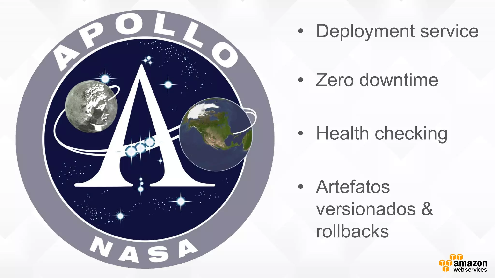 • Deployment service
• Zero downtime
• Health checking
• Artefatos
versionados &
rollbacks
 