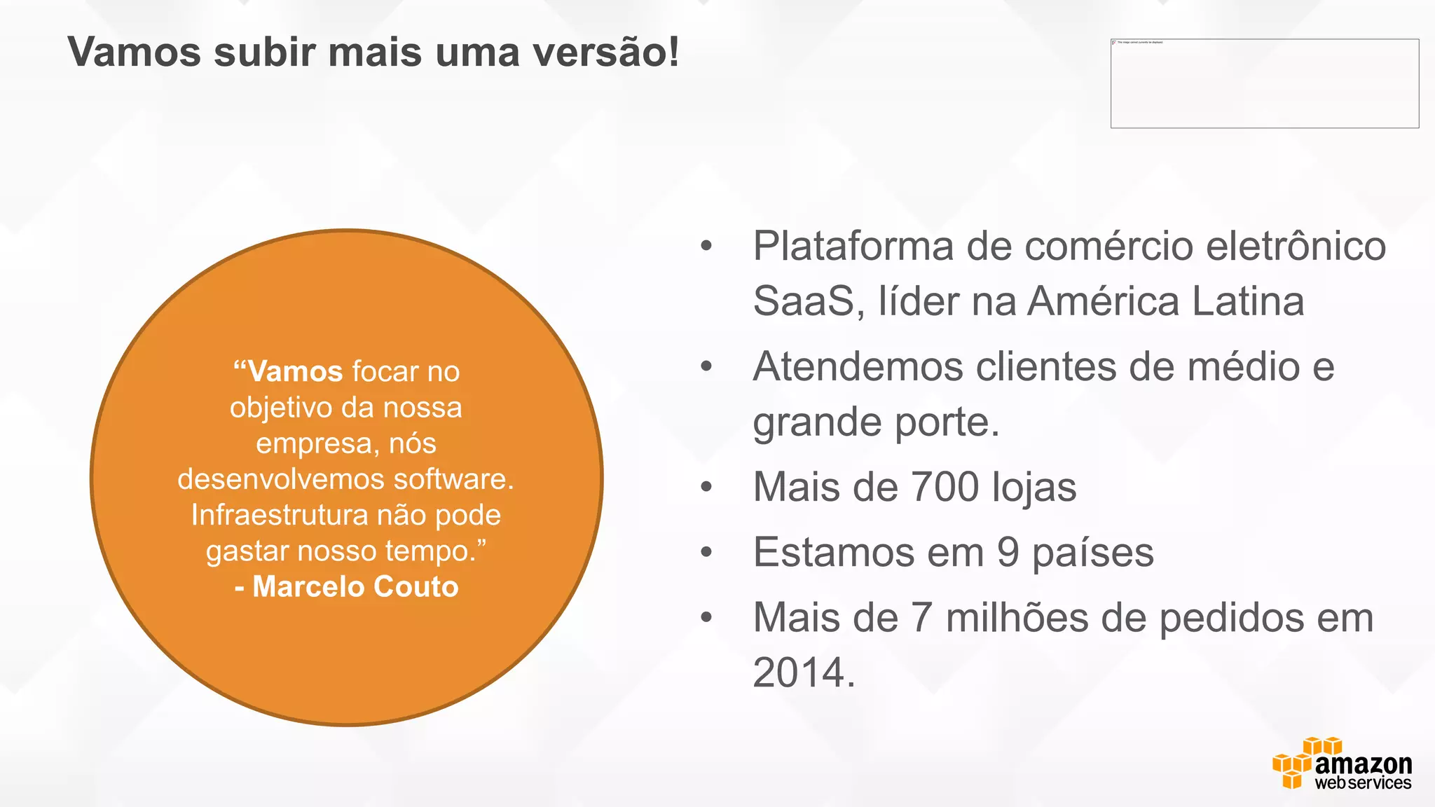 Vamos subir mais uma versão!
• Plataforma de comércio eletrônico
SaaS, líder na América Latina
• Atendemos clientes de médio e
grande porte.
• Mais de 700 lojas
• Estamos em 9 países
• Mais de 7 milhões de pedidos em
2014.
“Vamos focar no
objetivo da nossa
empresa, nós
desenvolvemos software.
Infraestrutura não pode
gastar nosso tempo.”
- Marcelo Couto
 