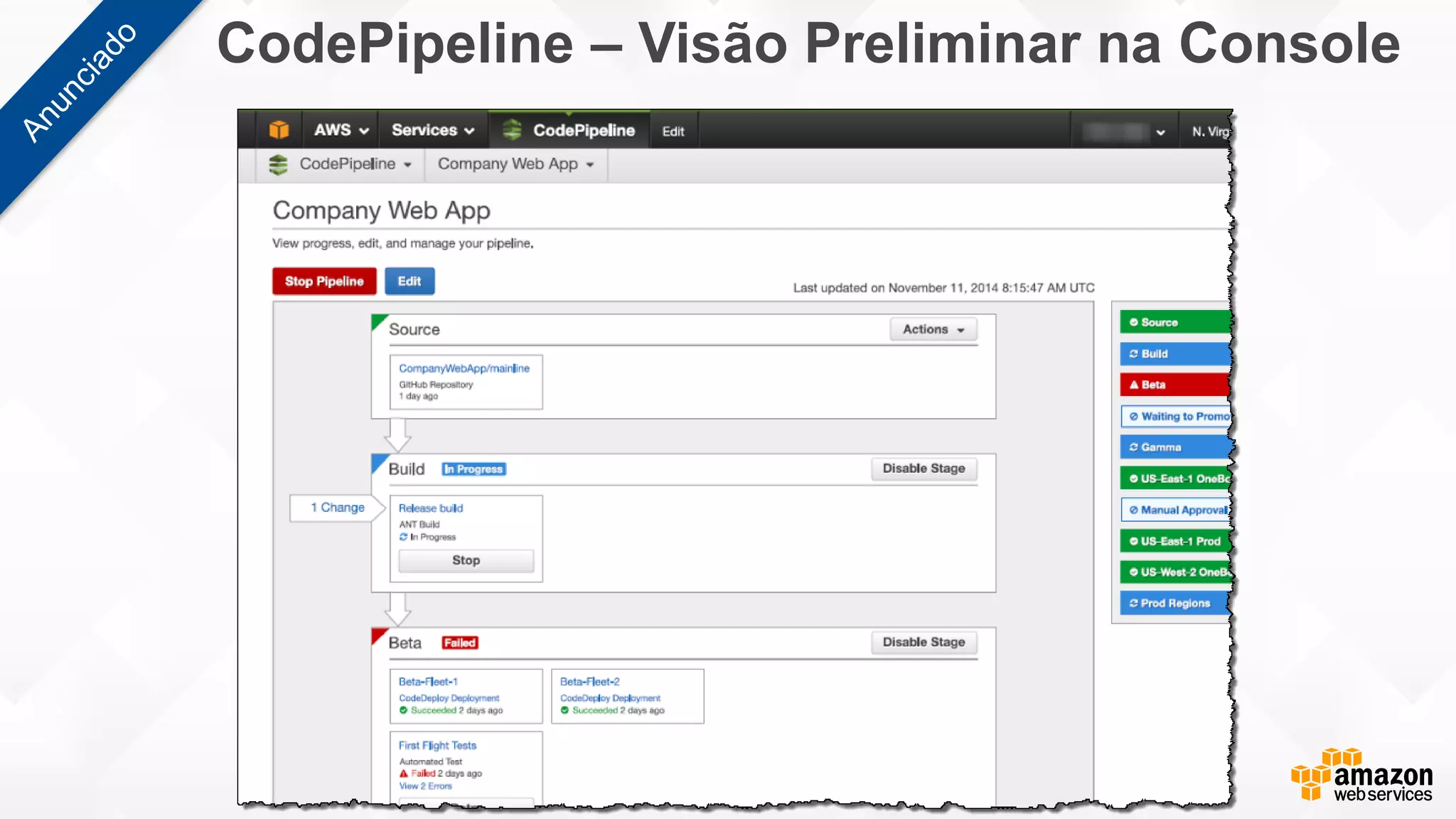 CodePipeline – Visão Preliminar na Console
 