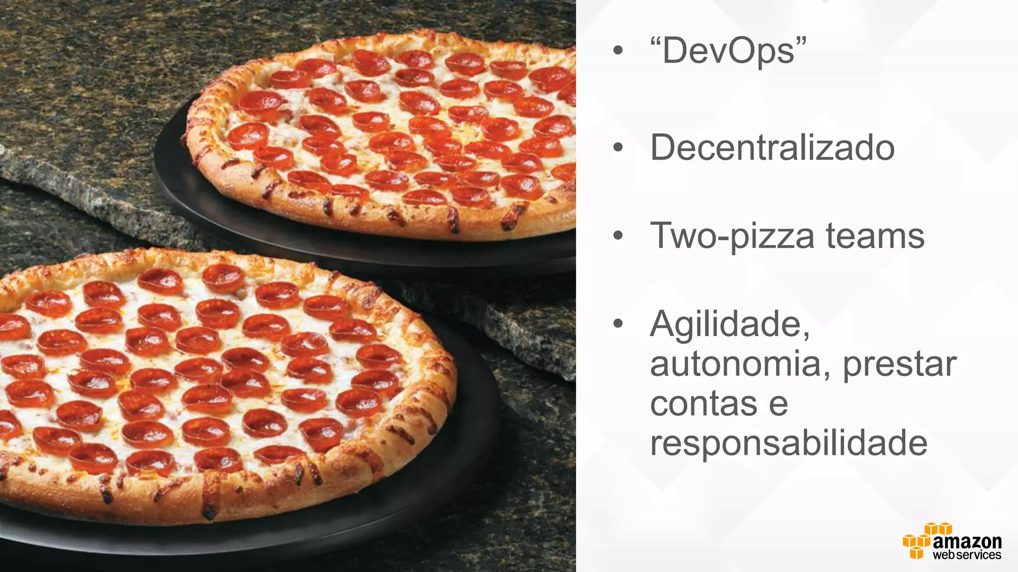 • “DevOps”
• Decentralizado
• Two-pizza teams
• Agilidade,
autonomia, prestar
contas e
responsabilidade
 