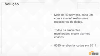 Solução
• Mais de 40 serviços, cada um
com a sua infraestrutura e
repositórios de dados.
• Todos os ambientes
monitorados e com alarmes
criados.
• 8385 versões lançadas em 2014
 