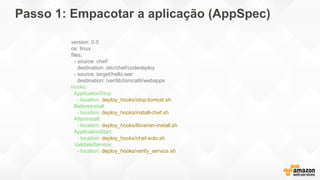 Passo 1: Empacotar a aplicação (AppSpec)
version: 0.0
os: linux
files:
- source: chef/
destination: /etc/chef/codedeploy
- source: target/hello.war
destination: /var/lib/tomcat6/webapps
hooks:
ApplicationStop:
- location: deploy_hooks/stop-tomcat.sh
BeforeInstall:
- location: deploy_hooks/install-chef.sh
AfterInstall:
- location: deploy_hooks/librarian-install.sh
ApplicationStart:
- location: deploy_hooks/chef-solo.sh
ValidateService:
- location: deploy_hooks/verify_service.sh
 
