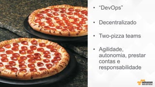 • “DevOps”
• Decentralizado
• Two-pizza teams
• Agilidade,
autonomia, prestar
contas e
responsabilidade
 