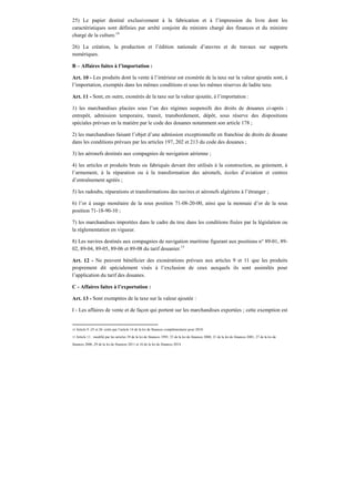 25) Le papier destiné exclusivement à la fabrication et à l’impression du livre dont les
caractéristiques sont définies par arrêté conjoint du ministre chargé des finances et du ministre
chargé de la culture.14
26) La création, la production et l’édition nationale d’œuvres et de travaux sur supports
numériques.
B – Affaires faites à l’importation :
Art. 10 - Les produits dont la vente à l’intérieur est exonérée de la taxe sur la valeur ajoutée sont, à
l’importation, exemptés dans les mêmes conditions et sous les mêmes réserves de ladite taxe.
Art. 11 - Sont, en outre, exonérés de la taxe sur la valeur ajoutée, à l’importation :
1) les marchandises placées sous l’un des régimes suspensifs des droits de douanes ci-après :
entrepôt, admission temporaire, transit, transbordement, dépôt, sous réserve des dispositions
spéciales prévues en la matière par le code des douanes notamment son article 178 ;
2) les marchandises faisant l’objet d’une admission exceptionnelle en franchise de droits de douane
dans les conditions prévues par les articles 197, 202 et 213 du code des douanes ;
3) les aéronefs destinés aux compagnies de navigation aérienne ;
4) les articles et produits bruts ou fabriqués devant être utilisés à la construction, au gréement, à
l’armement, à la réparation ou à la transformation des aéronefs, écoles d’aviation et centres
d’entraînement agréés ;
5) les radoubs, réparations et transformations des navires et aéronefs algériens à l’étranger ;
6) l’or à usage monétaire de la sous position 71-08-20-00, ainsi que la monnaie d’or de la sous
position 71-18-90-10 ;
7) les marchandises importées dans le cadre du troc dans les conditions fixées par la législation ou
la réglementation en vigueur.
8) Les navires destinés aux compagnies de navigation maritime figurant aux positions n° 89-01, 89-
02, 89-04, 89-05, 89-06 et 89-08 du tarif douanier.15
Art. 12 - Ne peuvent bénéficier des exonérations prévues aux articles 9 et 11 que les produits
proprement dit spécialement visés à l’exclusion de ceux auxquels ils sont assimilés pour
l’application du tarif des douanes.
C - Affaires faites à l’exportation :
Art. 13 - Sont exemptées de la taxe sur la valeur ajoutée :
I - Les affaires de vente et de façon qui portent sur les marchandises exportées ; cette exemption est
14 Article 9 -25 et 26: créés par l’article 14 de la loi de finances complémentaire pour 2010.
15 Article 11 : modifié par les articles 39 de la loi de finances 1995, 53 de la loi de finances 2000, 21 de la loi de finances 2001, 27 de la loi de
finances 2006 ,29 de la loi de finances 2011 et 16 de la loi de finances 2014.
 