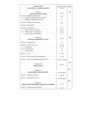 Première Partie
TAXE SUR LA VALEUR AJOUTEE
Chapitre I
CHAMP D'APPLICATION
Section 1 : Opérations Imposables …………………………………….
A. – Opérations obligatoirement imposables ……………………
B. – Opérations imposables par option ……………………………
Section 2 : Définition des assujettis ……………………………...……
Section 3 : Territorialité ……………………………………………….…
Section 4 : Exonérations ………………………………………………….
A. – Affaires faites à l’intérieur ………………………………….…
B. – Affaires faites à l’importation …………………………………
C. – Affaires faites à l’exportation …………………………………
Chapitre II
REGLES D'ASSIETTE ET TAUX
Section 1 : Fait générateur ……………………………………………….
Section 2 : Assiette de la Taxe ………………………………….………
A. – A l’intérieur ………………………………………………..…….…
B. – A l’importation ………………………………………………….…
C. – A l’exportation ………………………………………………….…
Section 3 : Taux …………………………………………………………..…
Section 4 : Taxe intérieure de consommation ………………………
Section 5 : Taxe sur les produits pétroliers (T.P.P) ……………….
Chapitre III
DEDUCTIONS
Chapitre IV
FRANCHISE ET RESTITUTION
Section 1 : Achats en franchise …………………………………………
Section 2 : Restitution de la taxe ……………………………………….
Chapitre V
OBLIGATIONS DES REDEVABLES ET CONTROLE
Section 1 : Obligations des redevables ……………………………….
Articles du code
1à 161
1 à 13
2 et 3
2
3
4 à 6
7
8 à 13
8 et 9
10 à 12
13
14 à 28
14
15 à 20
15 à 18
19
20
21 à 24
25 à 28
28 bis à 28 octiès
29 à 41
42 à 50 quater
42 à 49
50 à 50 quater
51 à 75
51 à 73
Pages
192
202
213
218
222
 