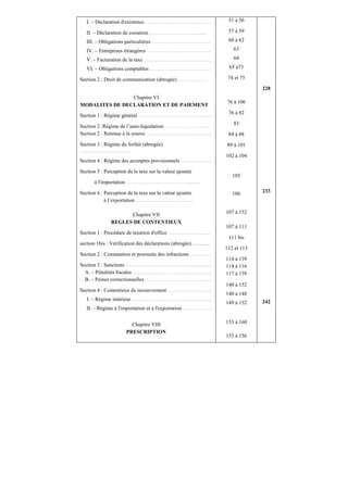 I. – Déclaration d'existence ……………………………………….....
II. – Déclaration de cessation ……………………………….......
III. – Obligations particulières ……………………………………..
IV. – Entreprises étrangères ………………………………………...
V. – Facturation de la taxe ………………………………………......
VI. – Obligations comptables ………………………………………
Section 2 : Droit de communication (abrogée) …………………
Chapitre VI
MODALITES DE DECLARATION ET DE PAIEMENT
Section 1 : Régime général ………………………………………............
Section 2 :Régime de l’auto-liquidation……………………………..
Section 2 : Retenue à la source ………………………………….……...
Section 3 : Régime du forfait (abrogée)
……………….……………....
Section 4 : Régime des acomptes provisionnels …………………...
Section 5 : Perception de la taxe sur la valeur ajoutée
à l'importation ………………………………………............
Section 6 : Perception de la taxe sur la valeur ajoutée
à l’exportation ……………………………………
Chapitre VII
REGLES DE CONTENTIEUX
Section 1 : Procédure de taxation d'office ……………………….….
section 1bis : Vérification des déclarations (abrogée) ………..
Section 2 : Constatation et poursuite des infractions ………….…
Section 3 : Sanctions ………………………………………........................
A. – Pénalités fiscales ……………………………………………..…...
B. – Peines correctionnelles ……………………………………….....
Section 4 : Contentieux du recouvrement …………………………...
I. – Régime intérieur ………………………………………..................
II. – Régime à l'importation et à l'exportation ………………….
Chapitre VIII
PRESCRIPTION
51 à 56
57 à 59
60 à 62
63
64
65 à73
74 et 75
76 à 106
76 à 82
83
84 à 88
89 à 101
102 à 104
105
106
107 à 152
107 à 111
111 bis
112 et 113
114 à 139
114 à 116
117 à 139
140 à 152
140 à 148
149 à 152
153 à 160
153 à 156
228
233
242
 
