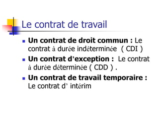 Le contrat de travail
 Un contrat de droit commun : Le
contrat à durée indéterminée ( CDI )
 Un contrat d’exception : Le contrat
à durée déterminée ( CDD ) .
 Un contrat de travail temporaire :
Le contrat d’ intérim
 