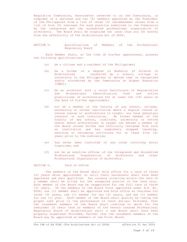 ra 9266 architecture act of 2004 _____ the irr of ra 9266 (the architecture act of 2004) effective 01 dec 200. ra 9266 architecture act of 2004 _____ the irr of ra 9266 (the architecture act of 2004) effective 01 dec 200.