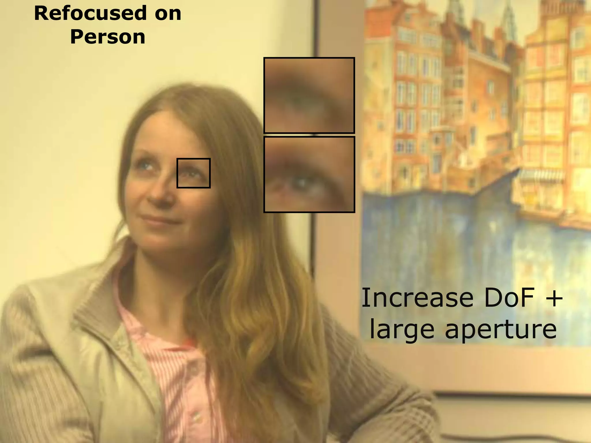 Refocused on
Person

Increase DoF +
large aperture

 