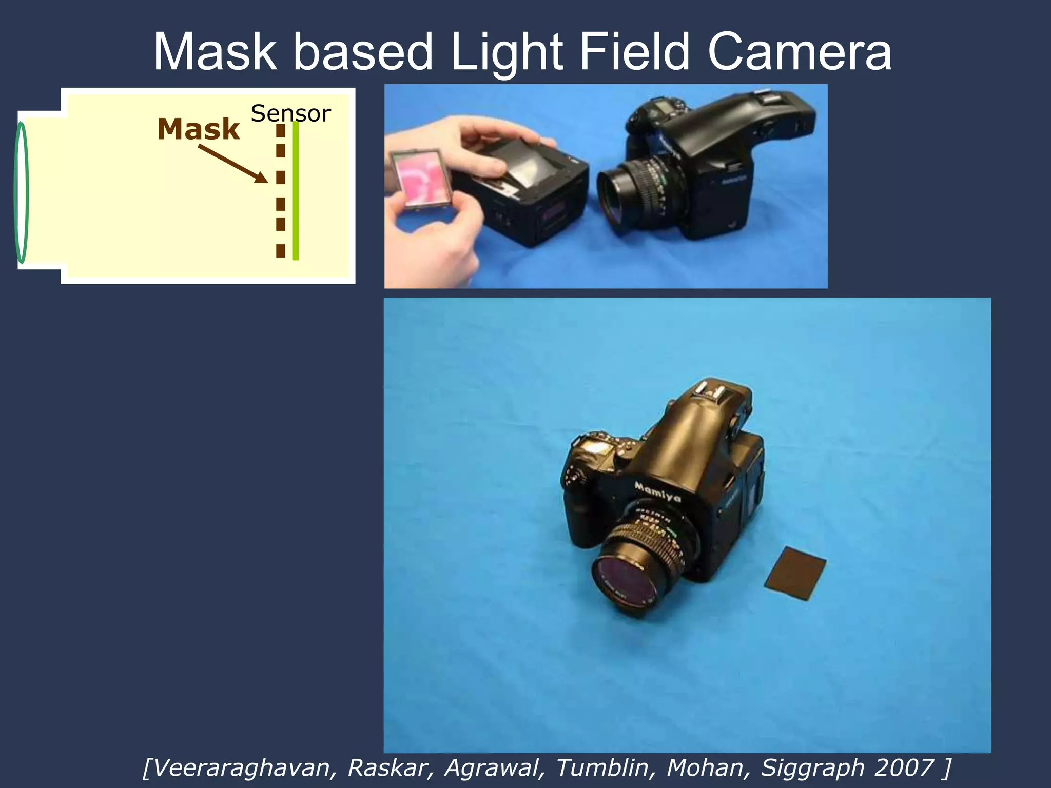 Mask based Light Field Camera
Mask

Sensor

[Veeraraghavan, Raskar, Agrawal, Tumblin, Mohan, Siggraph 2007 ]

 