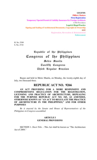 LEGEND:
PRBoA Matters
Firm Registration
Temporary/ Special Permit & Liability Insurance for Foreign Architects
CPD Providers
Legal & Illegal Practice
Signing and Sealing of Architectural Documents, Copyright & Ownership
ALE
Registration, Revocation & Reinstatement
Enforcement
H. No. 5389
S. No. 2710
Republic of the PhilippinesRepublic of the PhilippinesRepublic of the PhilippinesRepublic of the Philippines
Congress of the PhilippinesCongress of the PhilippinesCongress of the PhilippinesCongress of the Philippines
Metro ManilaMetro ManilaMetro ManilaMetro Manila
Twelfth CongressTwelfth CongressTwelfth CongressTwelfth Congress
Third Regular SessionThird Regular SessionThird Regular SessionThird Regular Session
Begun and held in Metro Manila, on Monday, the twenty-eighth day of
July, two thousand three.
REPUBLIC ACT NO. 9266
AN ACT PROVIDING FOR A MORE RESPONSIVE AND
COMPREHENSIVE REGULATION FOR THE REGISTRATION,
LICENSING AND PRACTICE OF ARCHITECTURE, REPEALING
FOR THE PURPOSE REPUBLIC ACT NO. 545, AS AMENDED,
OTHERWISE KNOWN AS "AN ACT TO REGULATE THE PRACTICE
OF ARCHITECTURE IN THE PHILIPPINES,” AND FOR OTHER
PURPOSES
Be it enacted by the Senate and House of Representatives of the
Philippines in Congress assembled:
ARTICLE I
GENERAL PROVISIONS
SECTION 1. Short Title. - This Act shall be known as "The Architecture
Act of 2004."
 
