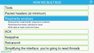 HOW WE BUILT BUD
-Base pointer, head pointer (sequence numbers)
-Read data from base, add data to head
-Write data to head...