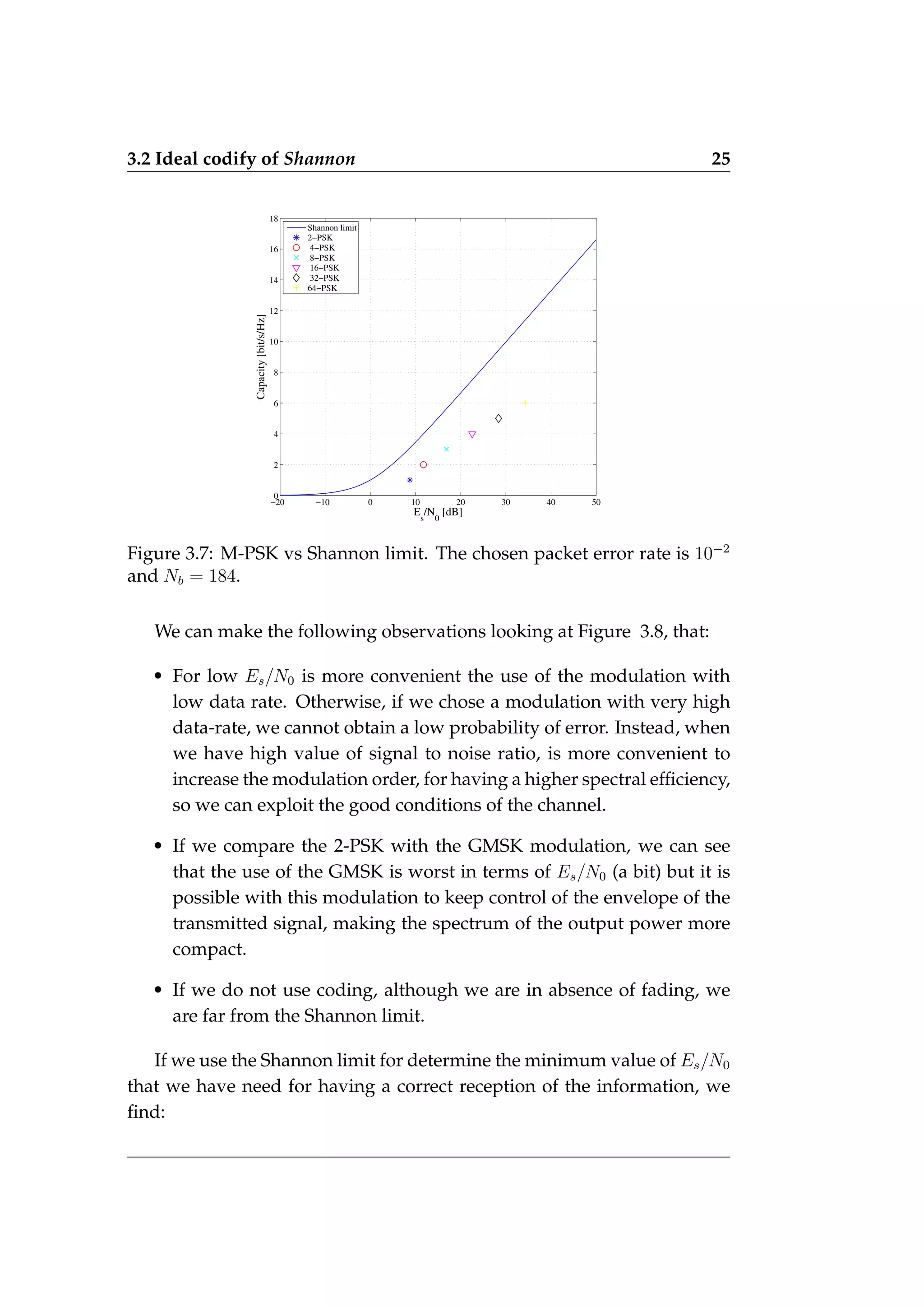 3.2 Ideal codify of Shannon 25
−20 −10 0 10 20 30 40 50
0
2
4
6
8
10
12
14
16
18
E
s
/N
0
[dB]
Capacity
[bit/s/Hz]
Shannon limit
2−PSK
4−PSK
8−PSK
16−PSK
32−PSK
64−PSK
Figure 3.7: M-PSK vs Shannon limit. The chosen packet error rate is 10−2
and Nb = 184.
We can make the following observations looking at Figure 3.8, that:
• For low Es/N0 is more convenient the use of the modulation with
low data rate. Otherwise, if we chose a modulation with very high
data-rate, we cannot obtain a low probability of error. Instead, when
we have high value of signal to noise ratio, is more convenient to
increase the modulation order, for having a higher spectral efficiency,
so we can exploit the good conditions of the channel.
• If we compare the 2-PSK with the GMSK modulation, we can see
that the use of the GMSK is worst in terms of Es/N0 (a bit) but it is
possible with this modulation to keep control of the envelope of the
transmitted signal, making the spectrum of the output power more
compact.
• If we do not use coding, although we are in absence of fading, we
are far from the Shannon limit.
If we use the Shannon limit for determine the minimum value of Es/N0
that we have need for having a correct reception of the information, we
find:
 