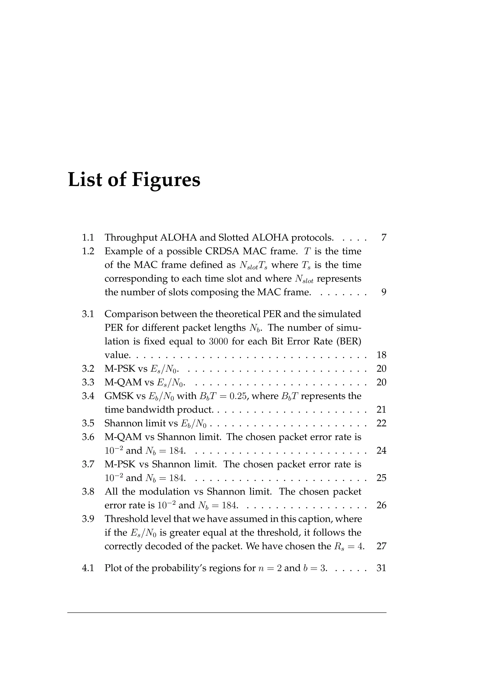 List of Figures
1.1 Throughput ALOHA and Slotted ALOHA protocols. . . . . 7
1.2 Example of a possible CRDSA MAC frame. T is the time
of the MAC frame defined as NslotTs where Ts is the time
corresponding to each time slot and where Nslot represents
the number of slots composing the MAC frame. . . . . . . . 9
3.1 Comparison between the theoretical PER and the simulated
PER for different packet lengths Nb. The number of simu-
lation is fixed equal to 3000 for each Bit Error Rate (BER)
value. . . . . . . . . . . . . . . . . . . . . . . . . . . . . . . . . 18
3.2 M-PSK vs Es/N0. . . . . . . . . . . . . . . . . . . . . . . . . . 20
3.3 M-QAM vs Es/N0. . . . . . . . . . . . . . . . . . . . . . . . . 20
3.4 GMSK vs Eb/N0 with BbT = 0.25, where BbT represents the
time bandwidth product. . . . . . . . . . . . . . . . . . . . . . 21
3.5 Shannon limit vs Eb/N0 . . . . . . . . . . . . . . . . . . . . . . 22
3.6 M-QAM vs Shannon limit. The chosen packet error rate is
10−2
and Nb = 184. . . . . . . . . . . . . . . . . . . . . . . . . 24
3.7 M-PSK vs Shannon limit. The chosen packet error rate is
10−2
and Nb = 184. . . . . . . . . . . . . . . . . . . . . . . . . 25
3.8 All the modulation vs Shannon limit. The chosen packet
error rate is 10−2
and Nb = 184. . . . . . . . . . . . . . . . . . 26
3.9 Threshold level that we have assumed in this caption, where
if the Es/N0 is greater equal at the threshold, it follows the
correctly decoded of the packet. We have chosen the Rs = 4. 27
4.1 Plot of the probability’s regions for n = 2 and b = 3. . . . . . 31
 