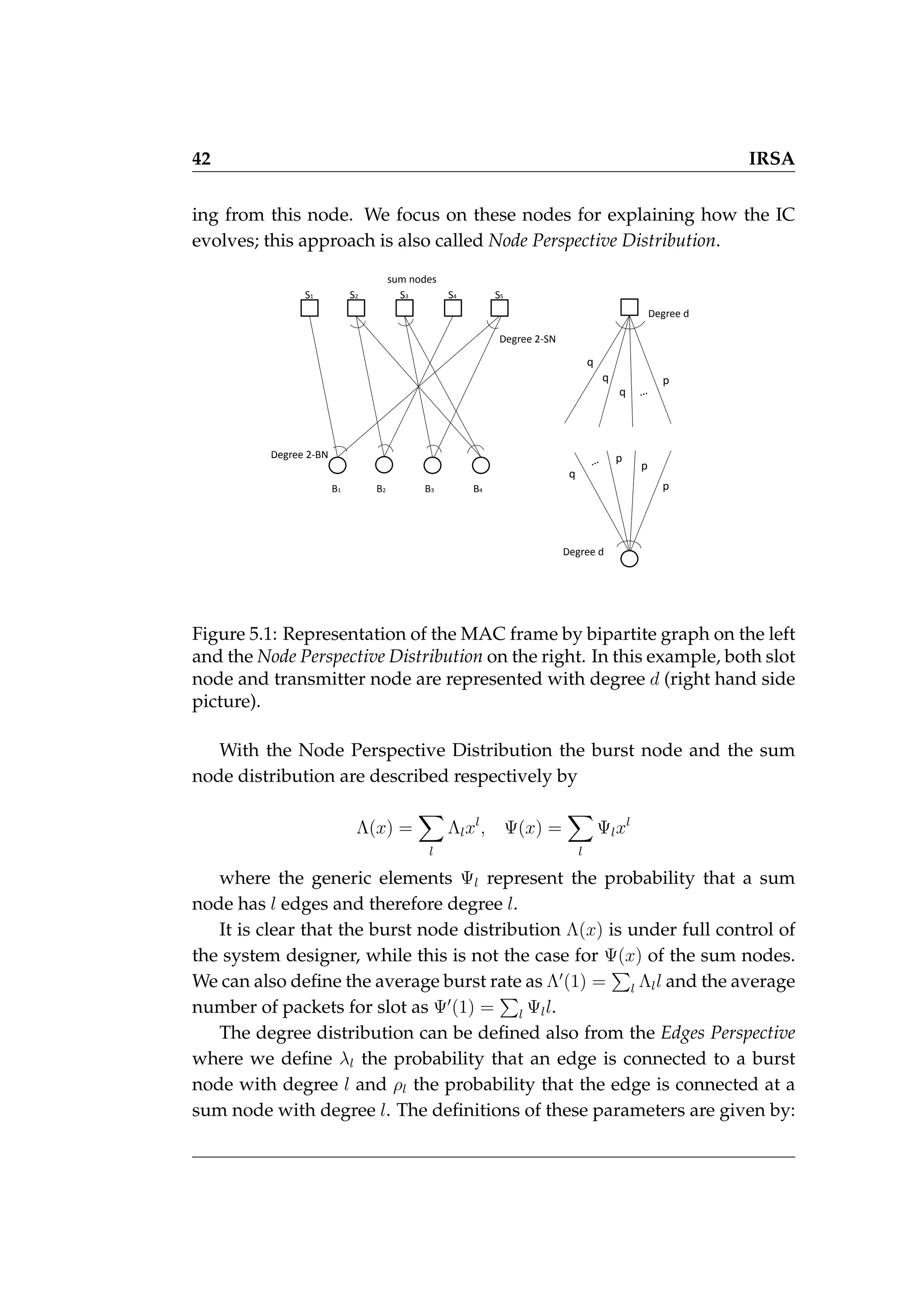 42 IRSA
ing from this node. We focus on these nodes for explaining how the IC
evolves; this approach is also called Node Perspective Distribution.
B1 B2 B3 B4
S1 S2 S3 S4
sum nodes
Degree 2-BN
Degree 2-SN
S5
Degree d
q
q
q
p
Degree d
…
q
p
p
p
…
Figure 5.1: Representation of the MAC frame by bipartite graph on the left
and the Node Perspective Distribution on the right. In this example, both slot
node and transmitter node are represented with degree d (right hand side
picture).
With the Node Perspective Distribution the burst node and the sum
node distribution are described respectively by
Λ(x) =
X
l
Λlxl
, Ψ(x) =
X
l
Ψlxl
where the generic elements Ψl represent the probability that a sum
node has l edges and therefore degree l.
It is clear that the burst node distribution Λ(x) is under full control of
the system designer, while this is not the case for Ψ(x) of the sum nodes.
We can also define the average burst rate as Λ0
(1) =
P
l Λll and the average
number of packets for slot as Ψ0
(1) =
P
l Ψll.
The degree distribution can be defined also from the Edges Perspective
where we define λl the probability that an edge is connected to a burst
node with degree l and ρl the probability that the edge is connected at a
sum node with degree l. The definitions of these parameters are given by:
 