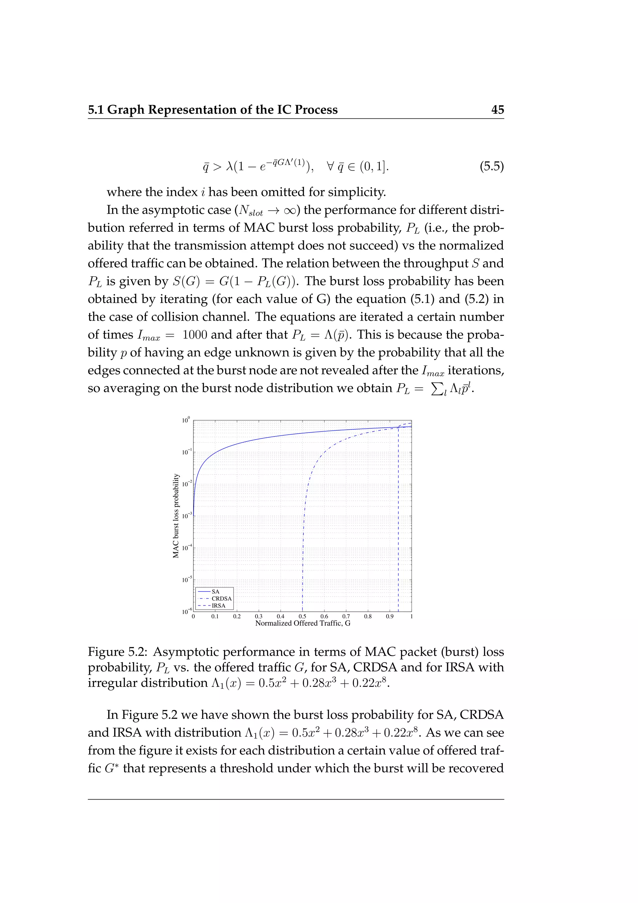 5.1 Graph Representation of the IC Process 45
q̄  λ(1 − e−q̄GΛ0(1)
), ∀ q̄ ∈ (0, 1]. (5.5)
where the index i has been omitted for simplicity.
In the asymptotic case (Nslot → ∞) the performance for different distri-
bution referred in terms of MAC burst loss probability, PL (i.e., the prob-
ability that the transmission attempt does not succeed) vs the normalized
offered traffic can be obtained. The relation between the throughput S and
PL is given by S(G) = G(1 − PL(G)). The burst loss probability has been
obtained by iterating (for each value of G) the equation (5.1) and (5.2) in
the case of collision channel. The equations are iterated a certain number
of times Imax = 1000 and after that PL = Λ(p̄). This is because the proba-
bility p of having an edge unknown is given by the probability that all the
edges connected at the burst node are not revealed after the Imax iterations,
so averaging on the burst node distribution we obtain PL =
P
l Λlp̄l
.
0 0.1 0.2 0.3 0.4 0.5 0.6 0.7 0.8 0.9 1
10
−6
10
−5
10
−4
10
−3
10
−2
10
−1
10
0
Normalized Offered Traffic, G
MAC
burst
loss
probability
SA
CRDSA
IRSA
Figure 5.2: Asymptotic performance in terms of MAC packet (burst) loss
probability, PL vs. the offered traffic G, for SA, CRDSA and for IRSA with
irregular distribution Λ1(x) = 0.5x2
+ 0.28x3
+ 0.22x8
.
In Figure 5.2 we have shown the burst loss probability for SA, CRDSA
and IRSA with distribution Λ1(x) = 0.5x2
+ 0.28x3
+ 0.22x8
. As we can see
from the figure it exists for each distribution a certain value of offered traf-
fic G∗
that represents a threshold under which the burst will be recovered
 