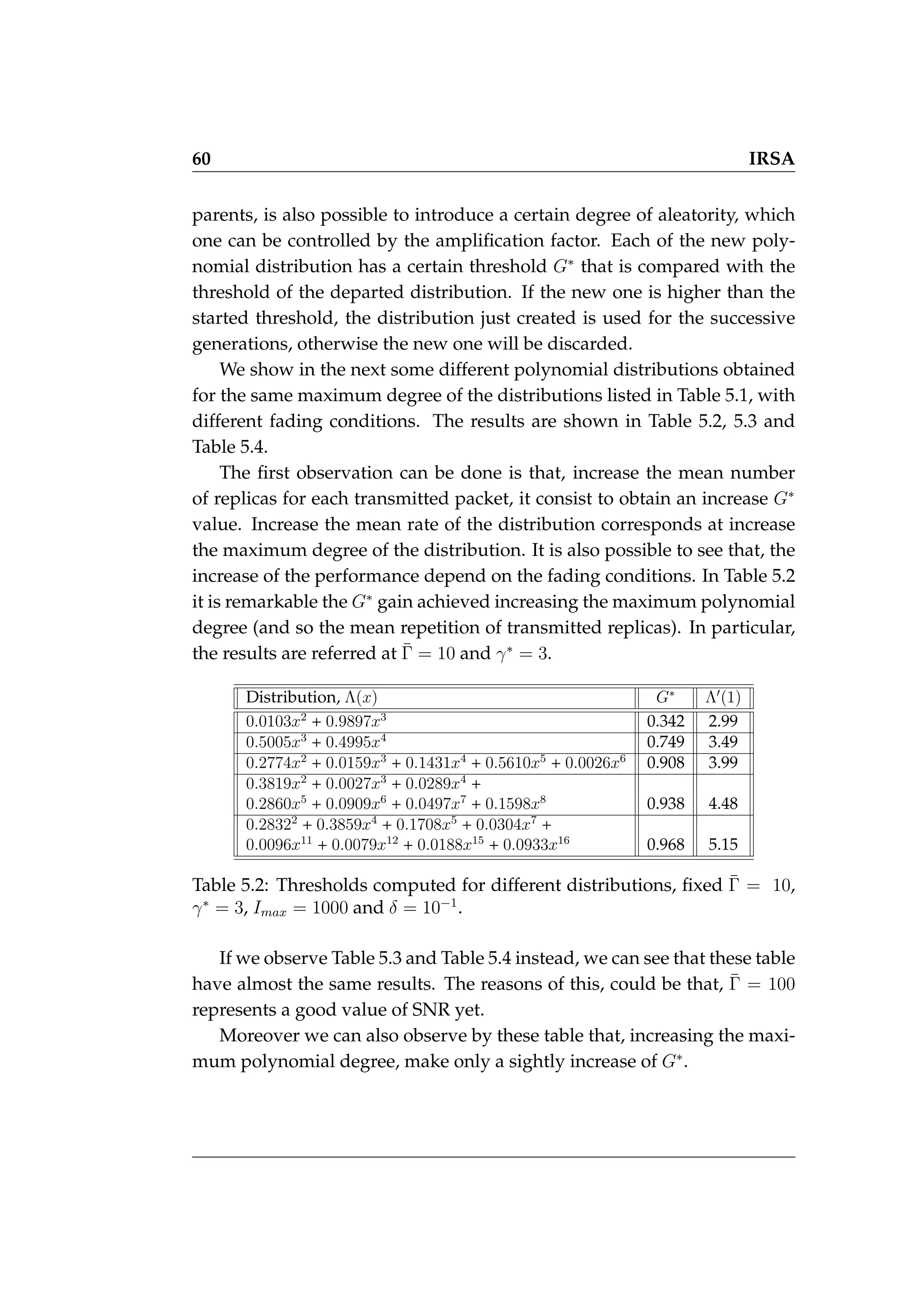 60 IRSA
parents, is also possible to introduce a certain degree of aleatority, which
one can be controlled by the amplification factor. Each of the new poly-
nomial distribution has a certain threshold G∗
that is compared with the
threshold of the departed distribution. If the new one is higher than the
started threshold, the distribution just created is used for the successive
generations, otherwise the new one will be discarded.
We show in the next some different polynomial distributions obtained
for the same maximum degree of the distributions listed in Table 5.1, with
different fading conditions. The results are shown in Table 5.2, 5.3 and
Table 5.4.
The first observation can be done is that, increase the mean number
of replicas for each transmitted packet, it consist to obtain an increase G∗
value. Increase the mean rate of the distribution corresponds at increase
the maximum degree of the distribution. It is also possible to see that, the
increase of the performance depend on the fading conditions. In Table 5.2
it is remarkable the G∗
gain achieved increasing the maximum polynomial
degree (and so the mean repetition of transmitted replicas). In particular,
the results are referred at Γ̄ = 10 and γ∗
= 3.
Distribution, Λ(x) G∗
Λ0
(1)
0.0103x2
+ 0.9897x3
0.342 2.99
0.5005x3
+ 0.4995x4
0.749 3.49
0.2774x2
+ 0.0159x3
+ 0.1431x4
+ 0.5610x5
+ 0.0026x6
0.908 3.99
0.3819x2
+ 0.0027x3
+ 0.0289x4
+
0.2860x5
+ 0.0909x6
+ 0.0497x7
+ 0.1598x8
0.938 4.48
0.28322
+ 0.3859x4
+ 0.1708x5
+ 0.0304x7
+
0.0096x11
+ 0.0079x12
+ 0.0188x15
+ 0.0933x16
0.968 5.15
Table 5.2: Thresholds computed for different distributions, fixed Γ̄ = 10,
γ∗
= 3, Imax = 1000 and δ = 10−1
.
If we observe Table 5.3 and Table 5.4 instead, we can see that these table
have almost the same results. The reasons of this, could be that, Γ̄ = 100
represents a good value of SNR yet.
Moreover we can also observe by these table that, increasing the maxi-
mum polynomial degree, make only a sightly increase of G∗
.
 