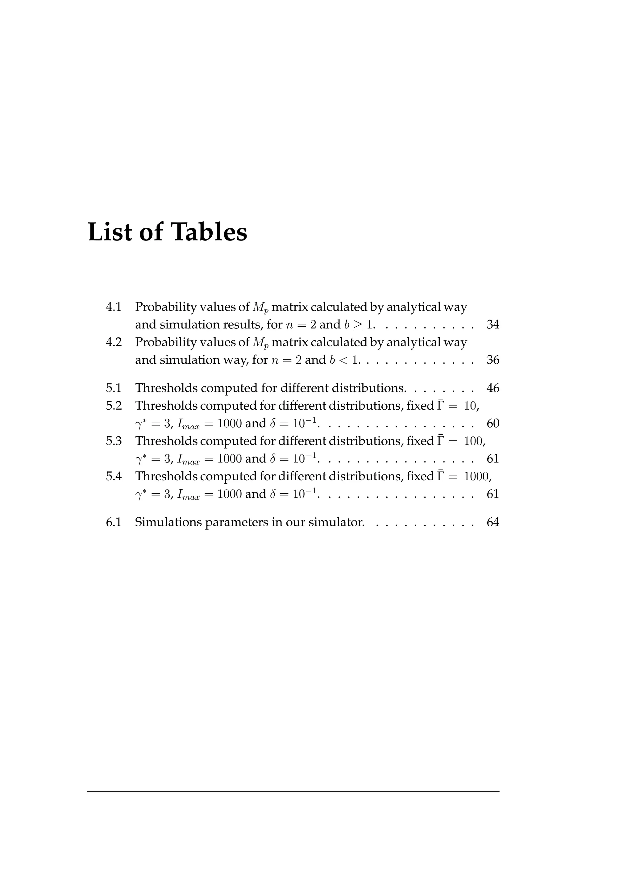 List of Tables
4.1 Probability values of Mp matrix calculated by analytical way
and simulation results, for n = 2 and b ≥ 1. . . . . . . . . . . 34
4.2 Probability values of Mp matrix calculated by analytical way
and simulation way, for n = 2 and b < 1. . . . . . . . . . . . . 36
5.1 Thresholds computed for different distributions. . . . . . . . 46
5.2 Thresholds computed for different distributions, fixed Γ̄ = 10,
γ∗
= 3, Imax = 1000 and δ = 10−1
. . . . . . . . . . . . . . . . . 60
5.3 Thresholds computed for different distributions, fixed Γ̄ = 100,
γ∗
= 3, Imax = 1000 and δ = 10−1
. . . . . . . . . . . . . . . . . 61
5.4 Thresholds computed for different distributions, fixed Γ̄ = 1000,
γ∗
= 3, Imax = 1000 and δ = 10−1
. . . . . . . . . . . . . . . . . 61
6.1 Simulations parameters in our simulator. . . . . . . . . . . . 64
 