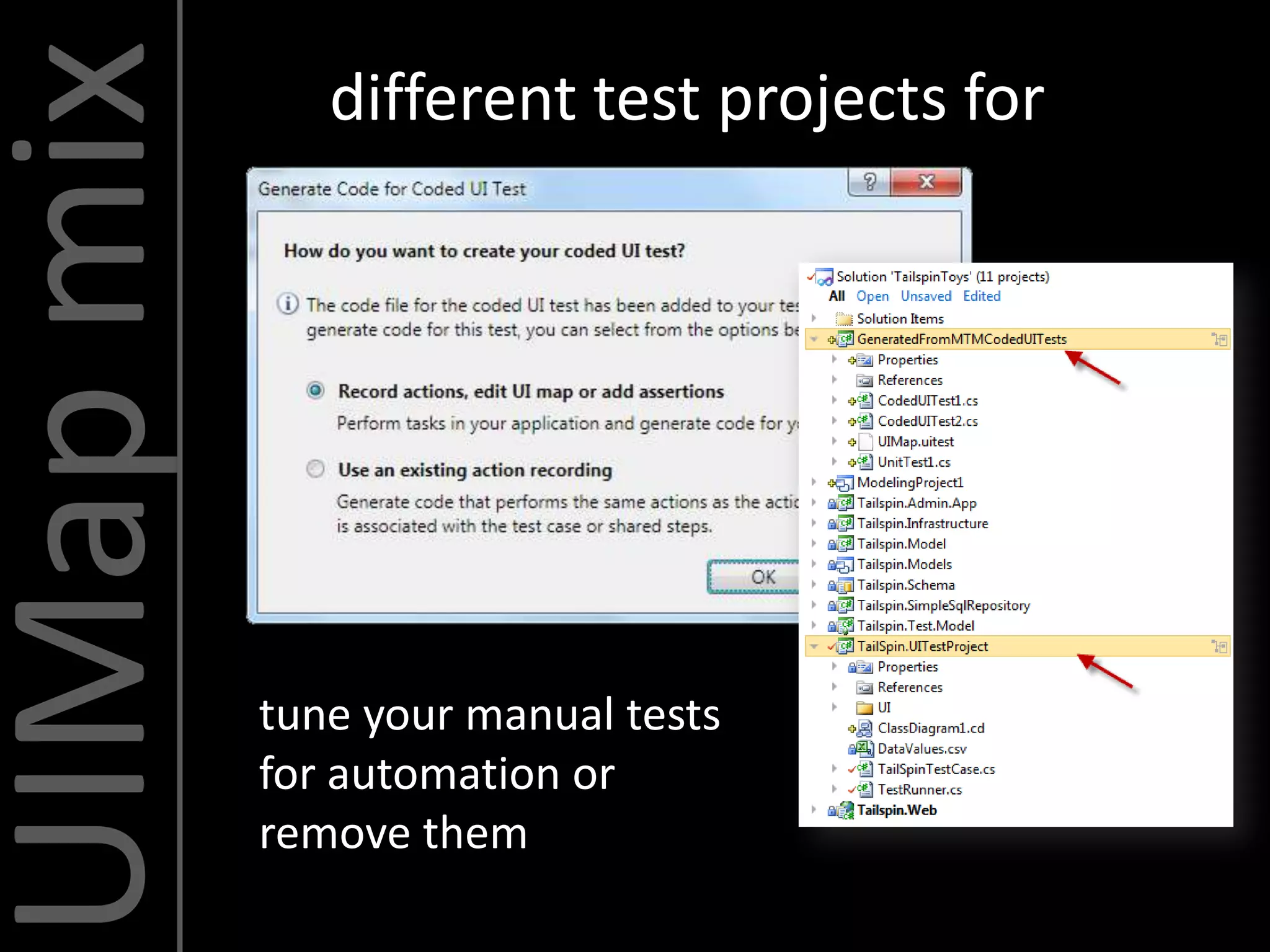 UIMap mix      different test projects for




            tune your manual tests
            for automation or
            remove them
 