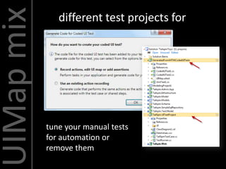 UIMap mix      different test projects for




            tune your manual tests
            for automation or
            remove them
 