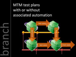 MTM test plans
         with or without
         associated automation
branch
                               test cases



                  test cases




                                             test cases
                                test cases                test cases
 